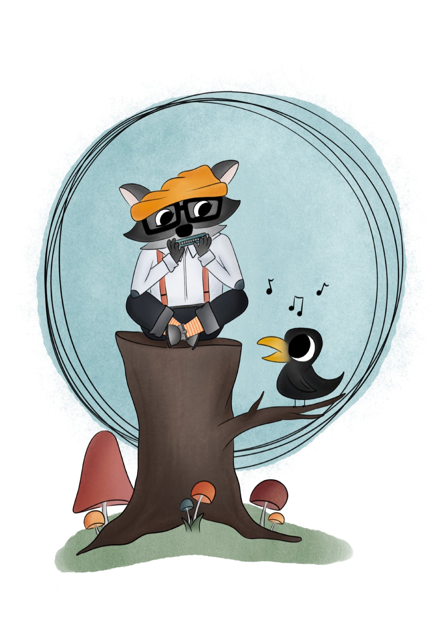 "Harmonica Raccoon" Whimsical Illustration Print