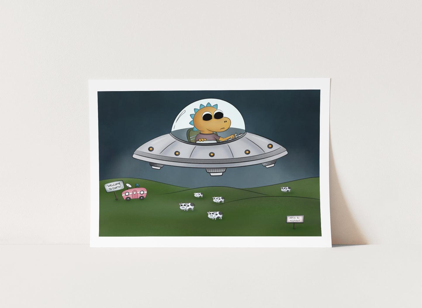 "Dino UFO" Whimsical Illustration Print
