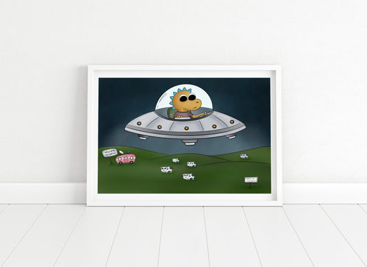 "Dino UFO" Whimsical Illustration Print